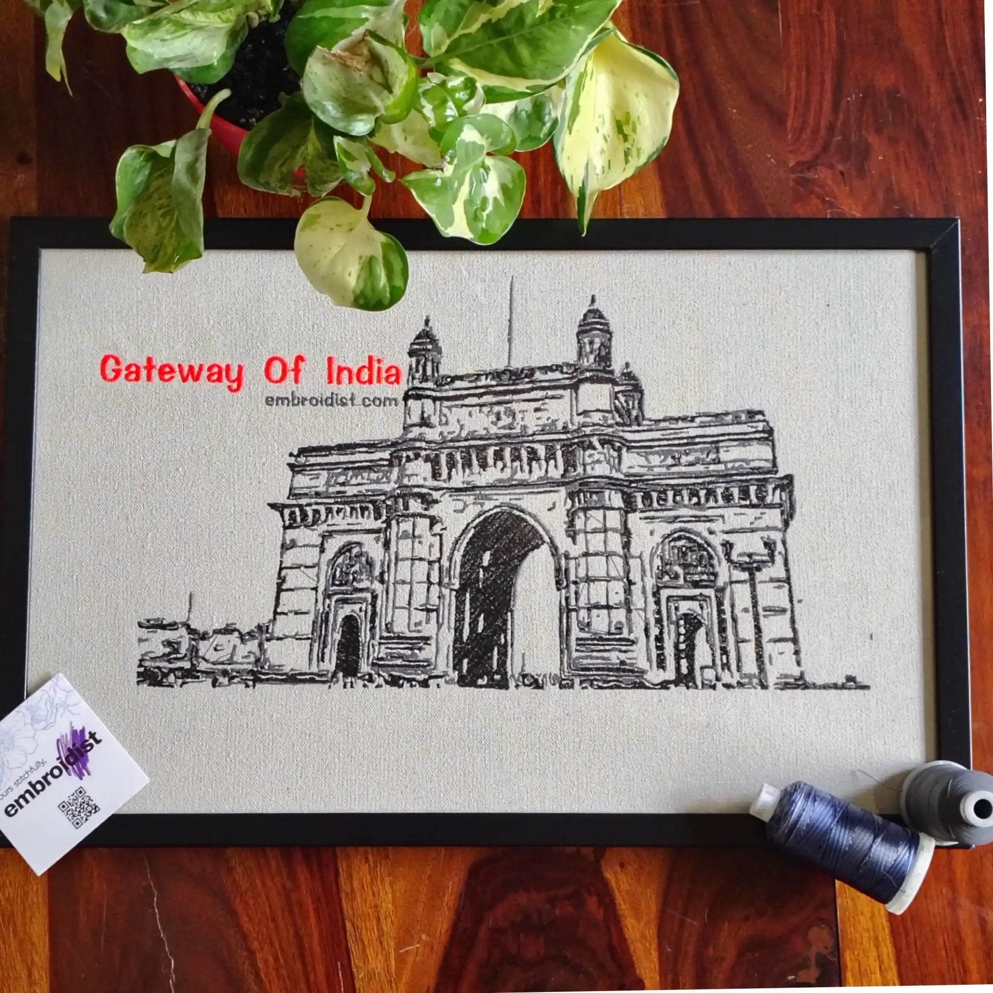 Gateway of India Mumbai embroidered wall art lifestyle image — framed art in home setting by Embroidist