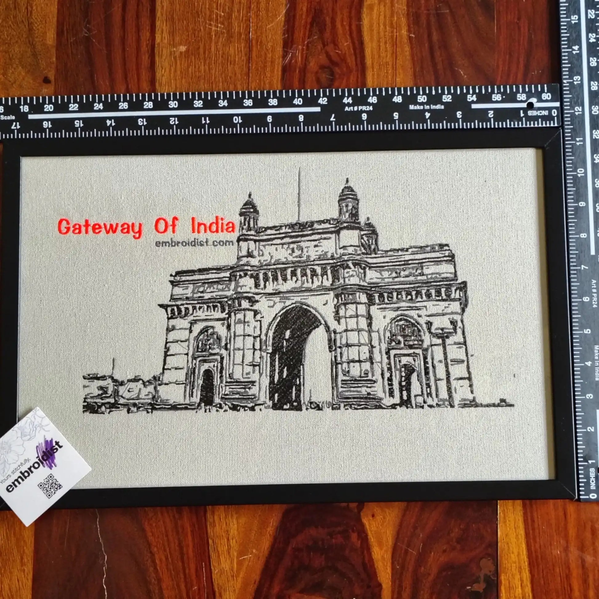 Framed Gateway of India Mumbai embroidered wall art — 11.3x17.3 inch machine embroidery handcrafted in India by Embroidist