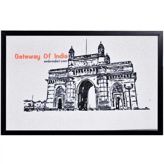 Machine embroidered Gateway of India Mumbai wall art — 88,322 stitches on canvas by Embroidist