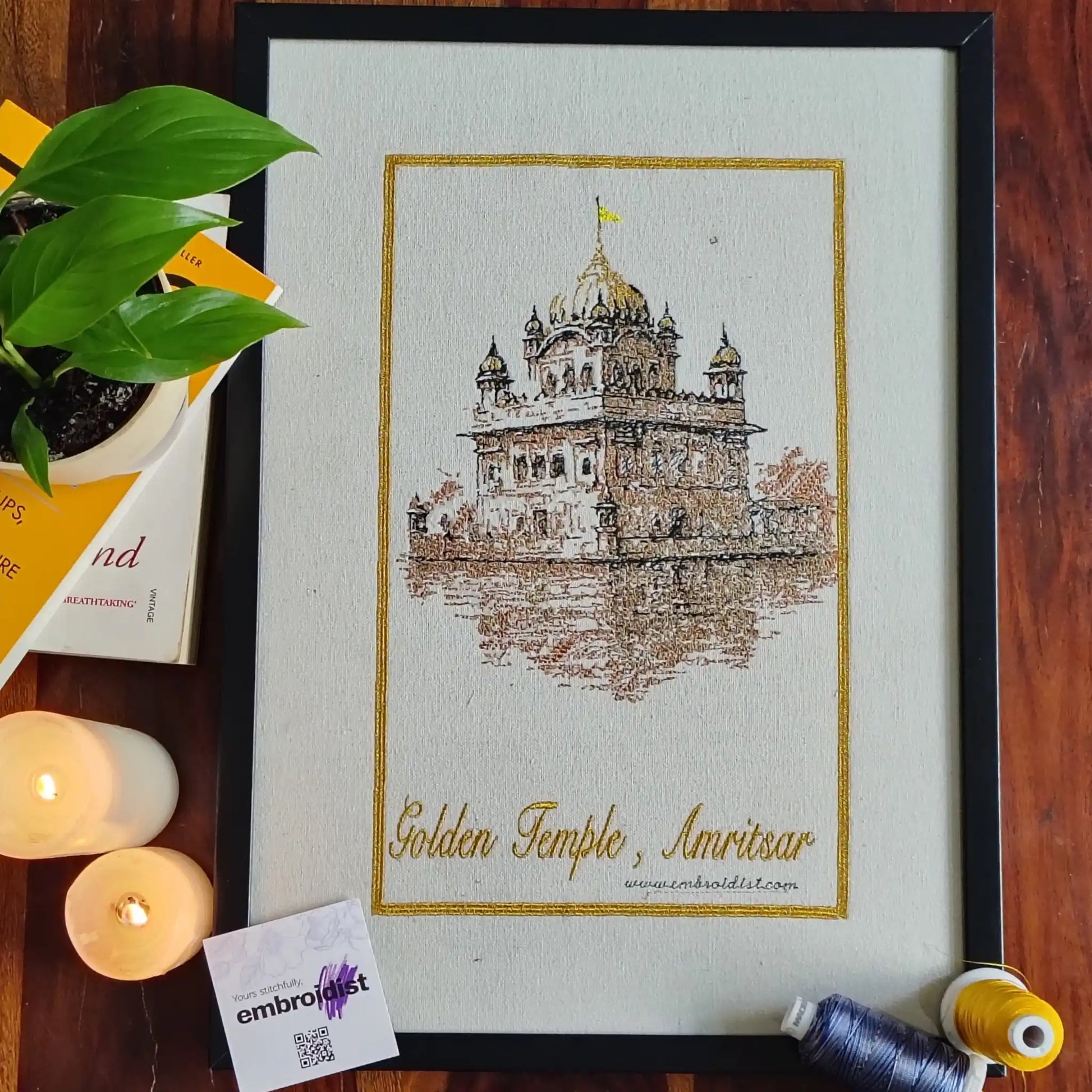Golden Temple Amritsar embroidered wall art lifestyle image — framed art in home setting by Embroidist