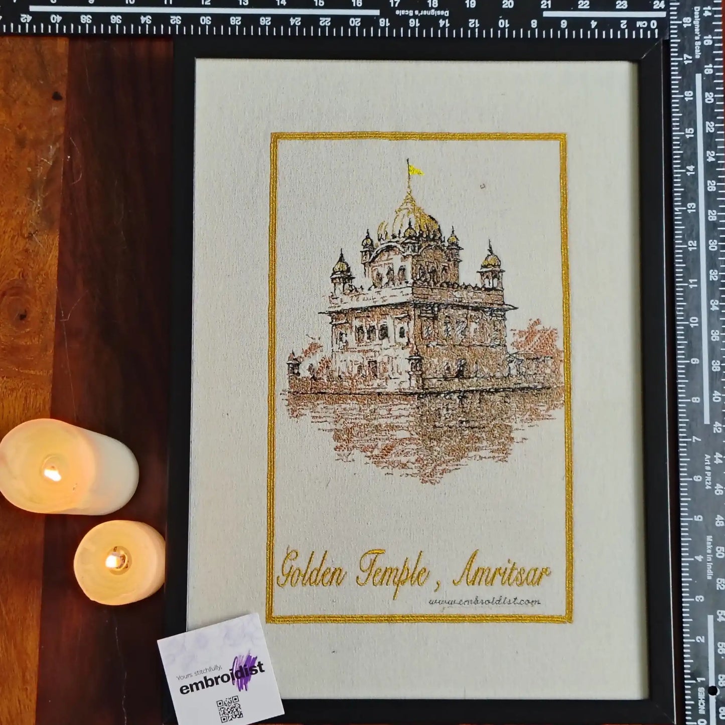 Framed Golden Temple Amritsar embroidered wall art — 17.0x12.4 inch machine embroidery handcrafted in India by Embroidist