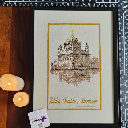 Framed Golden Temple Amritsar embroidered wall art — 17.0x12.4 inch machine embroidery handcrafted in India by Embroidist