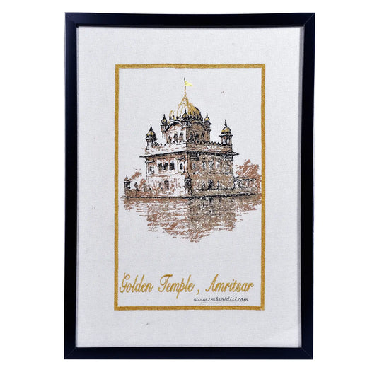Machine embroidered Golden Temple Amritsar wall art — 1,22,204 stitches on canvas by Embroidist
