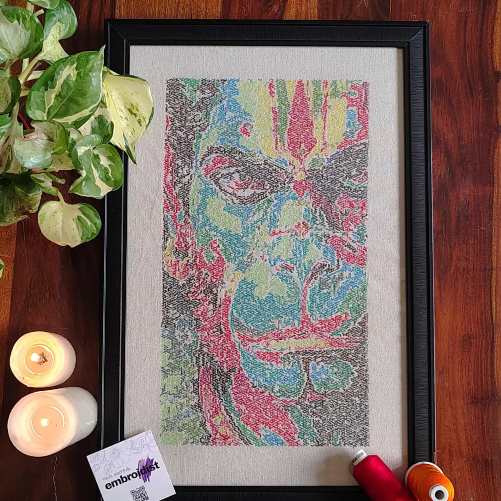 Hanumanji photostitch embroidered wall art lifestyle image — framed art in home setting by Embroidist