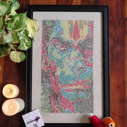 Hanumanji photostitch embroidered wall art lifestyle image — framed art in home setting by Embroidist