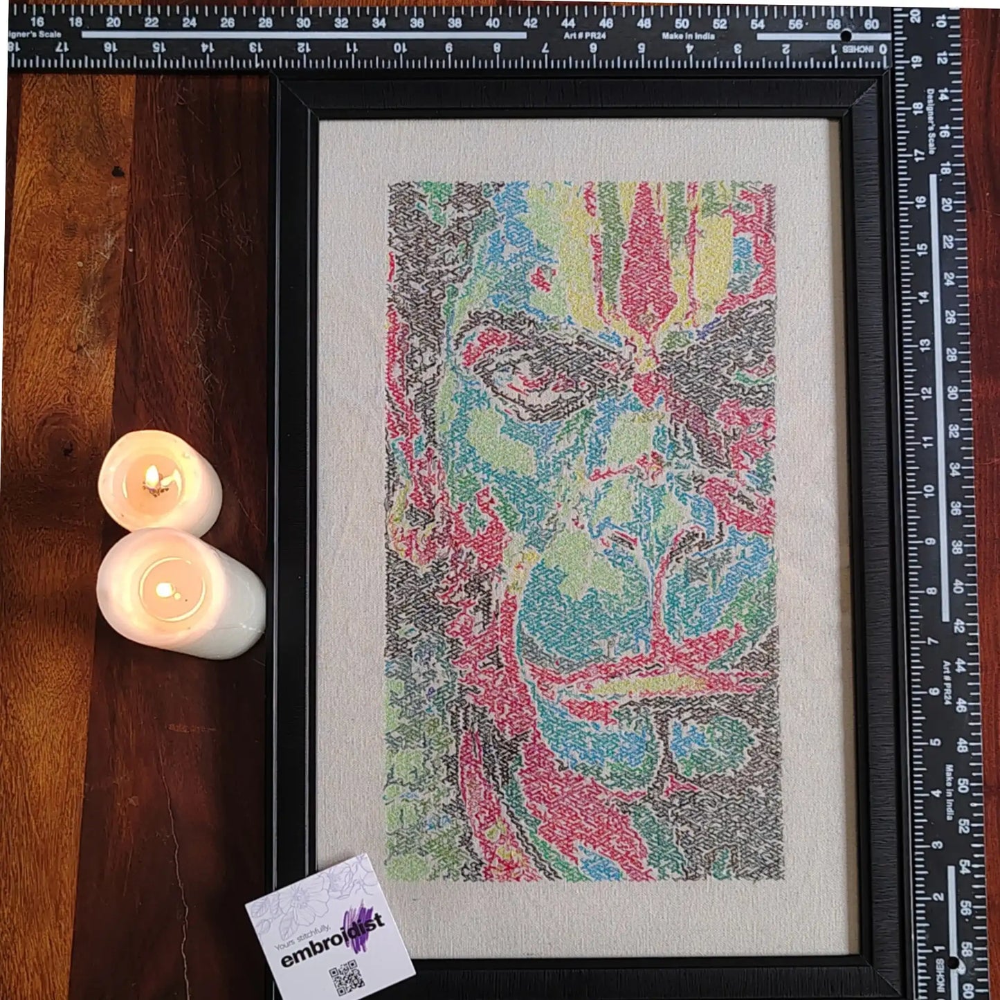 Framed Hanumanji photostitch embroidered wall art — 17.0x11.3 inch machine embroidery handcrafted in India by Embroidist