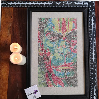 Framed Hanumanji photostitch embroidered wall art — 17.0x11.3 inch machine embroidery handcrafted in India by Embroidist