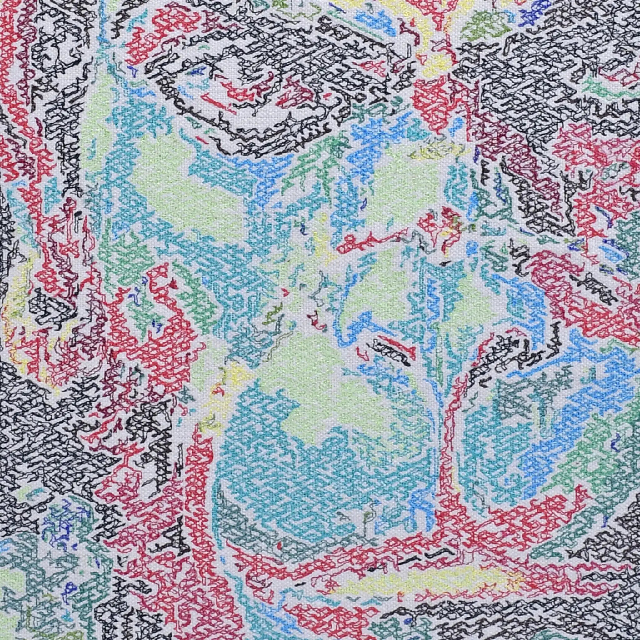 Close up of Hanumanji photostitch thread embroidery detail — spiritual wall art by Embroidist