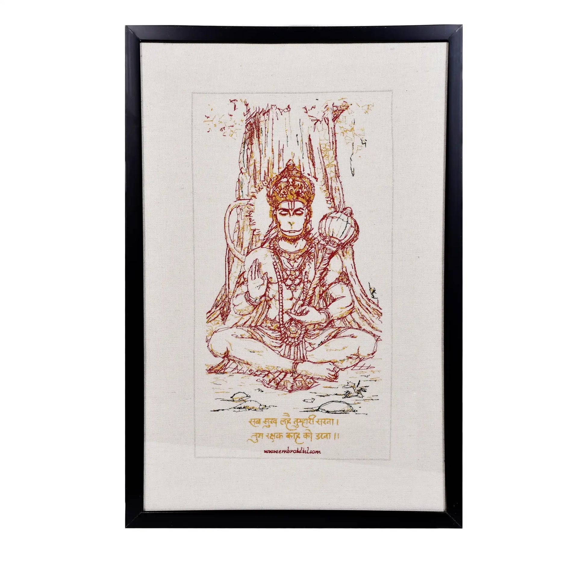 Machine embroidered Hanumanji wall art — 52,437 stitches on canvas by Embroidist