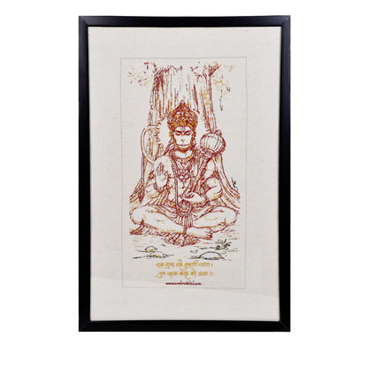 Machine embroidered Hanumanji wall art — 52,437 stitches on canvas by Embroidist