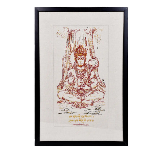 Machine embroidered Hanumanji wall art — 52,437 stitches on canvas by Embroidist