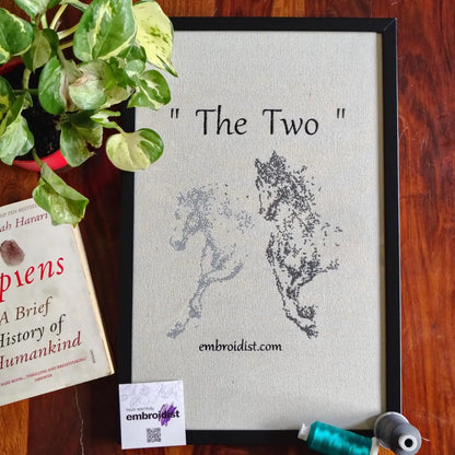 The Two horse embroidered wall art lifestyle image — framed art in home setting by Embroidist