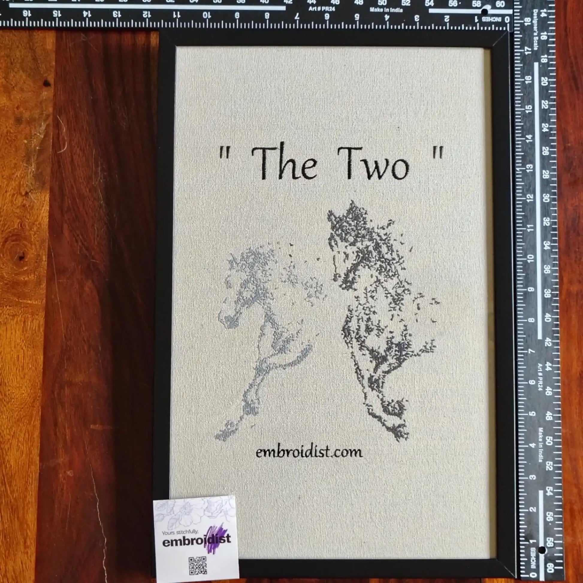 Framed two horses embroidered wall art — 17.3x11.3 inch machine embroidery handcrafted in India by Embroidist