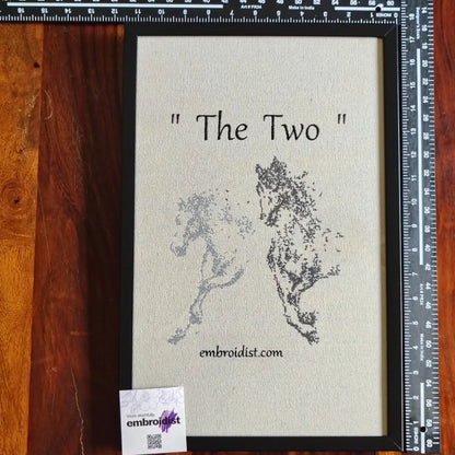 Framed two horses embroidered wall art — 17.3x11.3 inch machine embroidery handcrafted in India by Embroidist