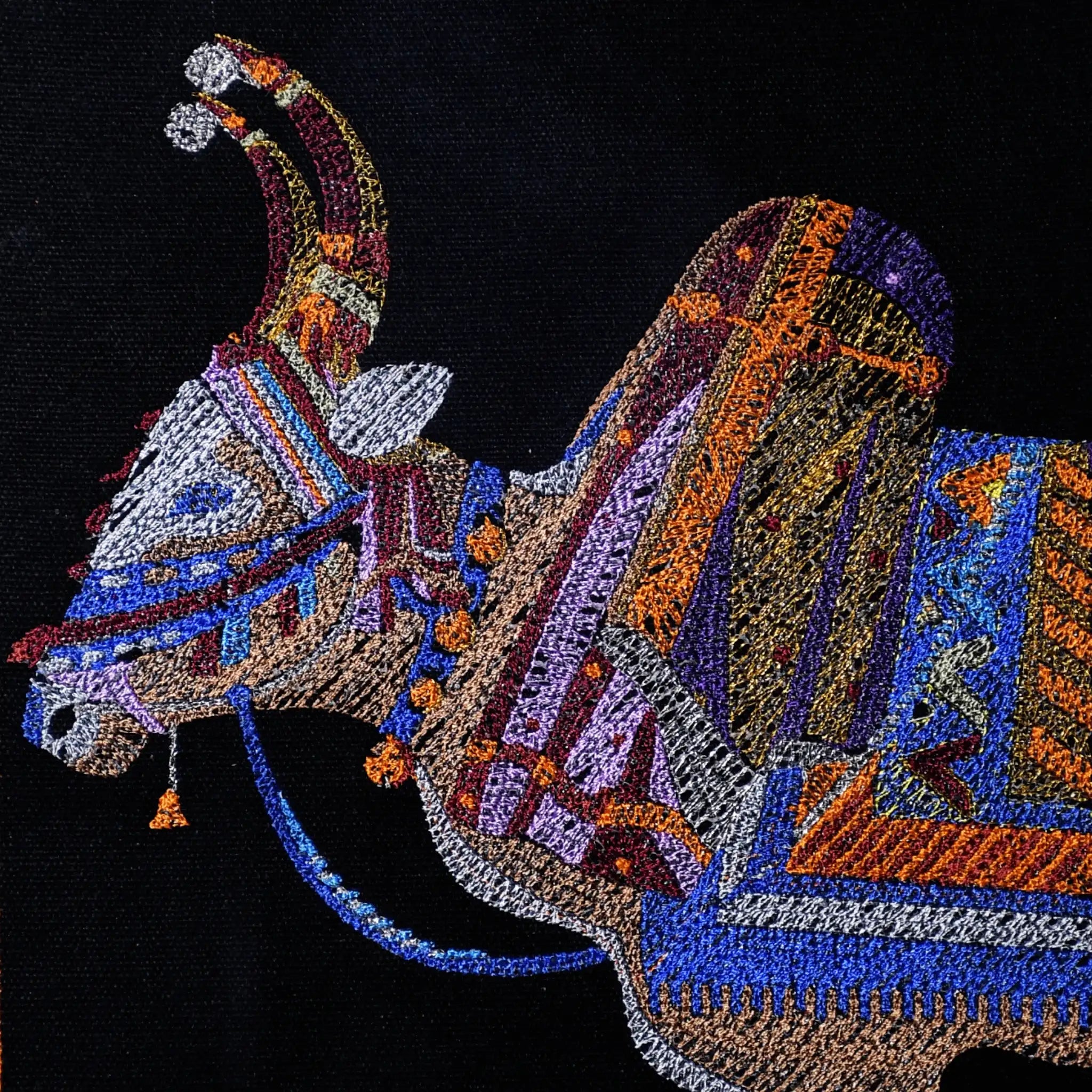 Close up of Nandi bull thread embroidery detail — Incredible India wall art by Embroidist