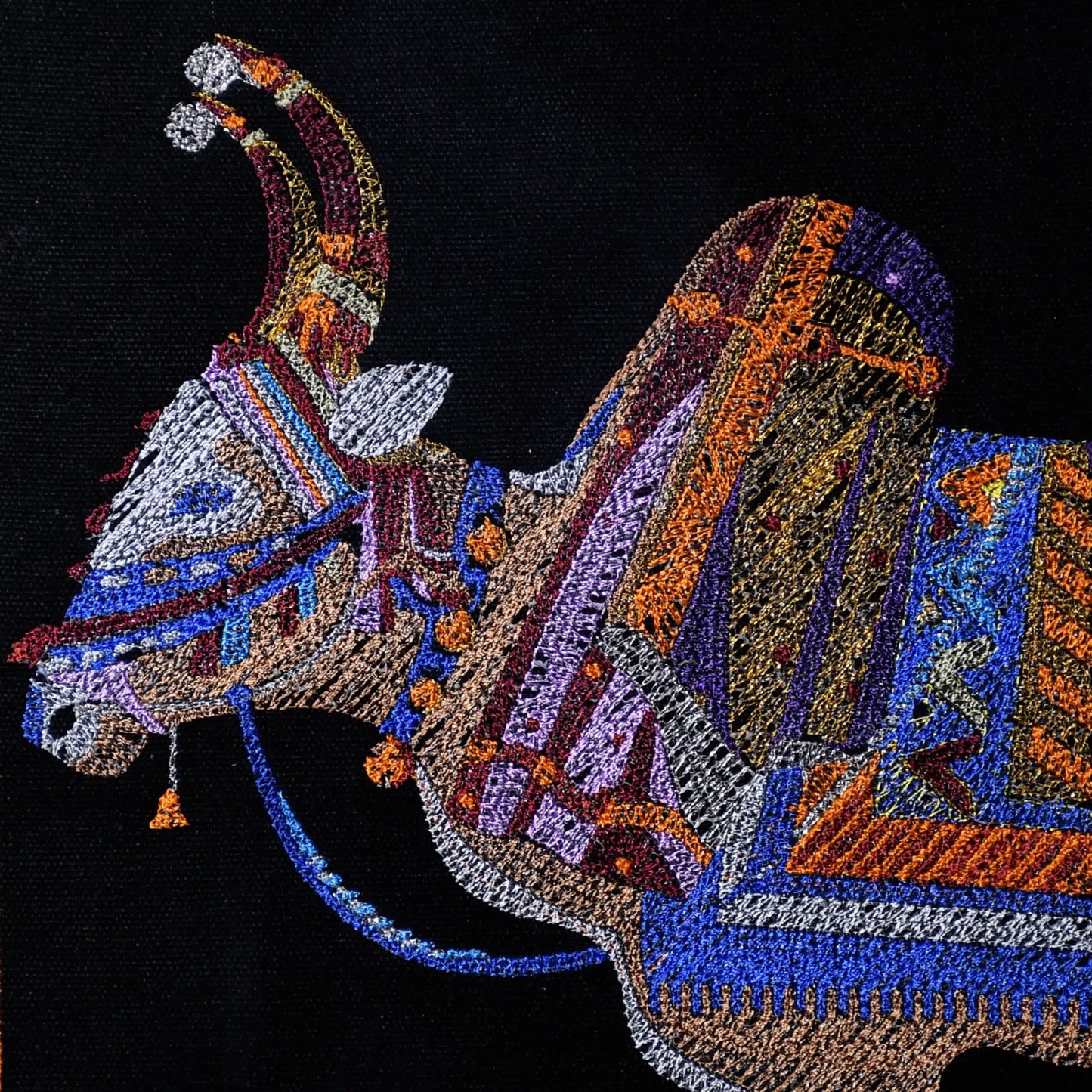 Close up of Nandi bull thread embroidery detail — Incredible India wall art by Embroidist