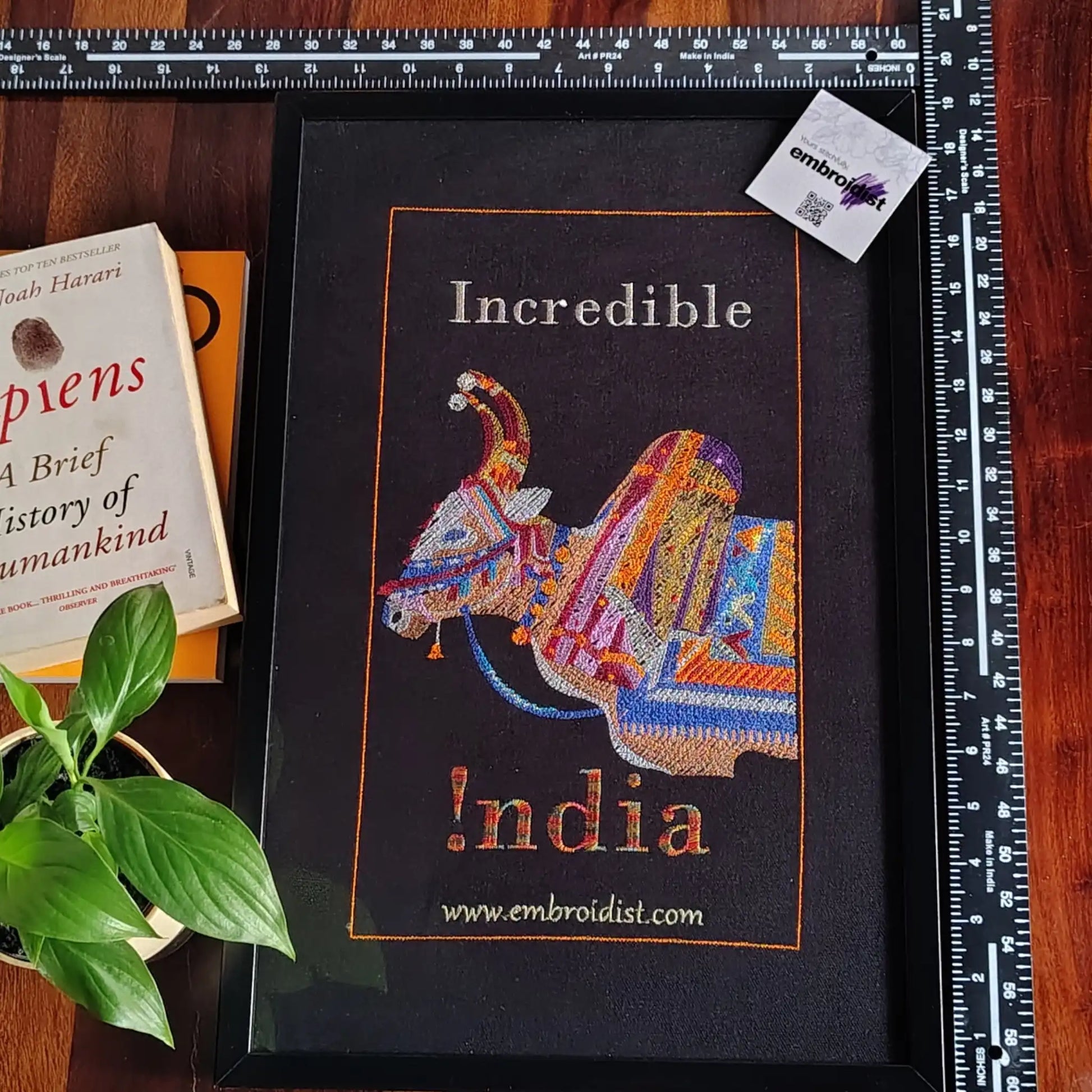 Framed Nandi bull embroidered wall art — 17.3x11.3 inch machine embroidery handcrafted in India by Embroidist