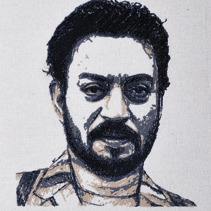 Close up of Irrfan Khan thread embroidery portrait detail — wall art by Embroidist