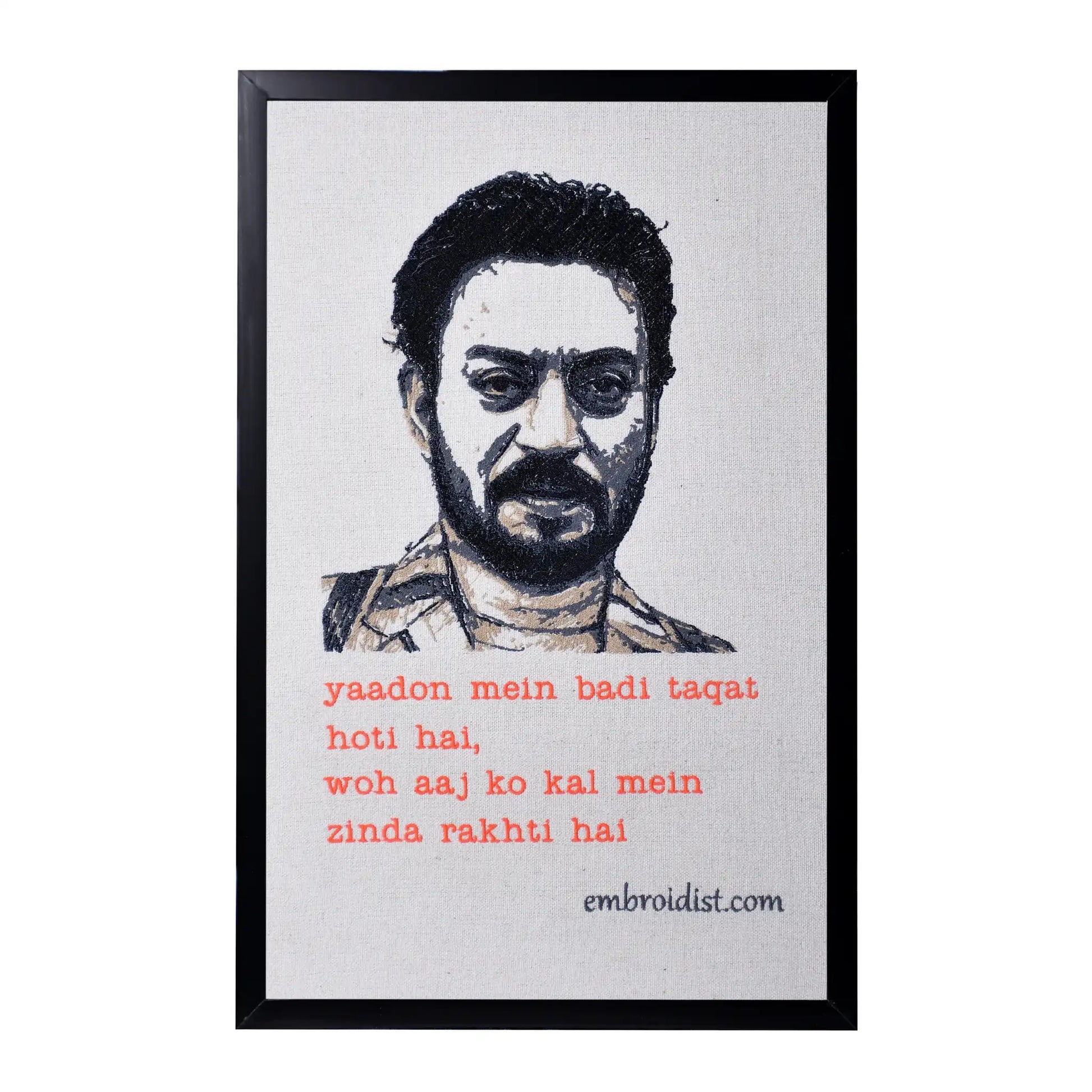Machine embroidered Irrfan Khan portrait wall art — 86,355 stitches on canvas by Embroidist