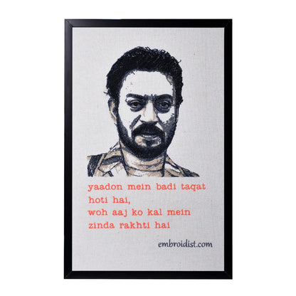 Machine embroidered Irrfan Khan portrait wall art — 86,355 stitches on canvas by Embroidist