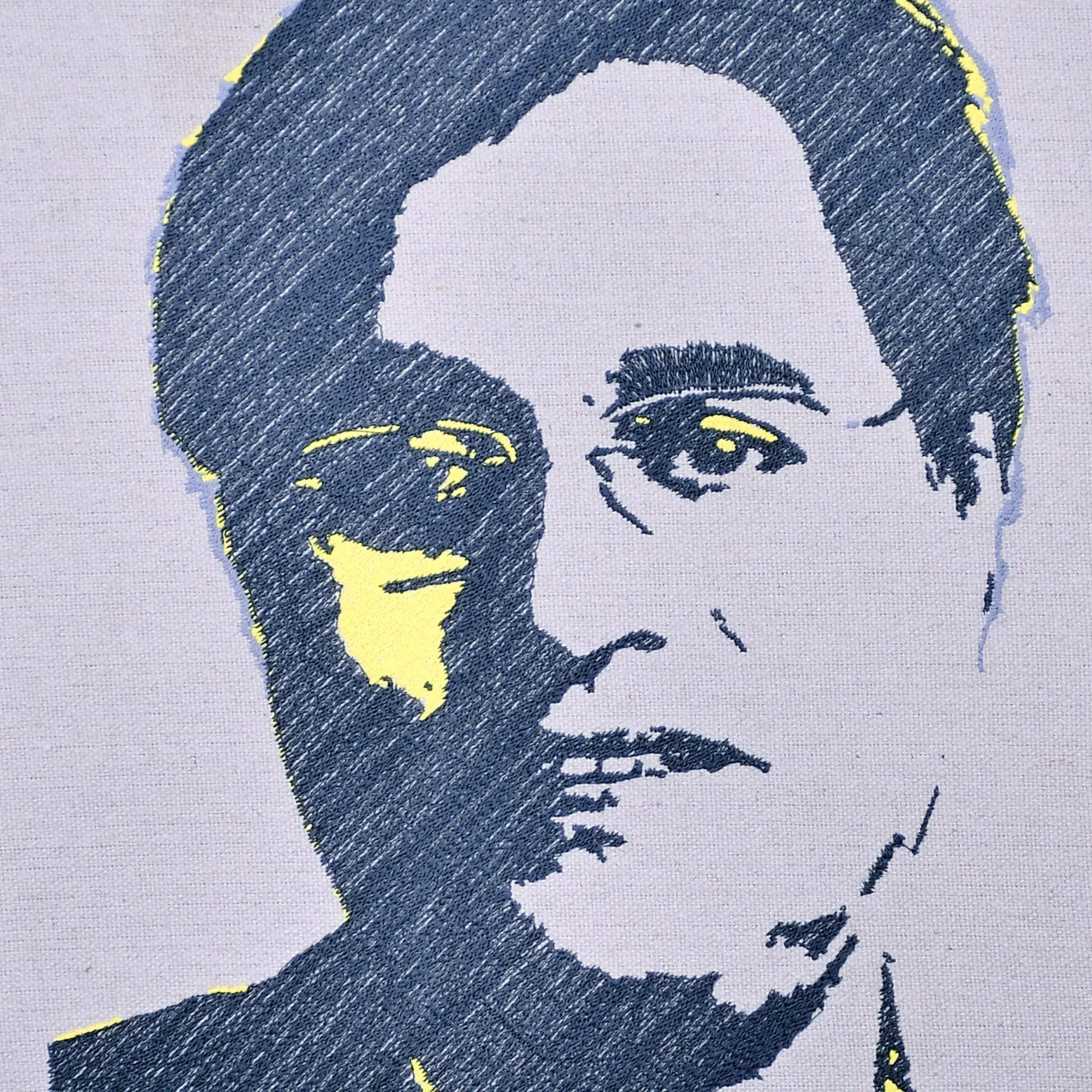 Close up of Jagjit Singh thread embroidery portrait detail — wall art by Embroidist