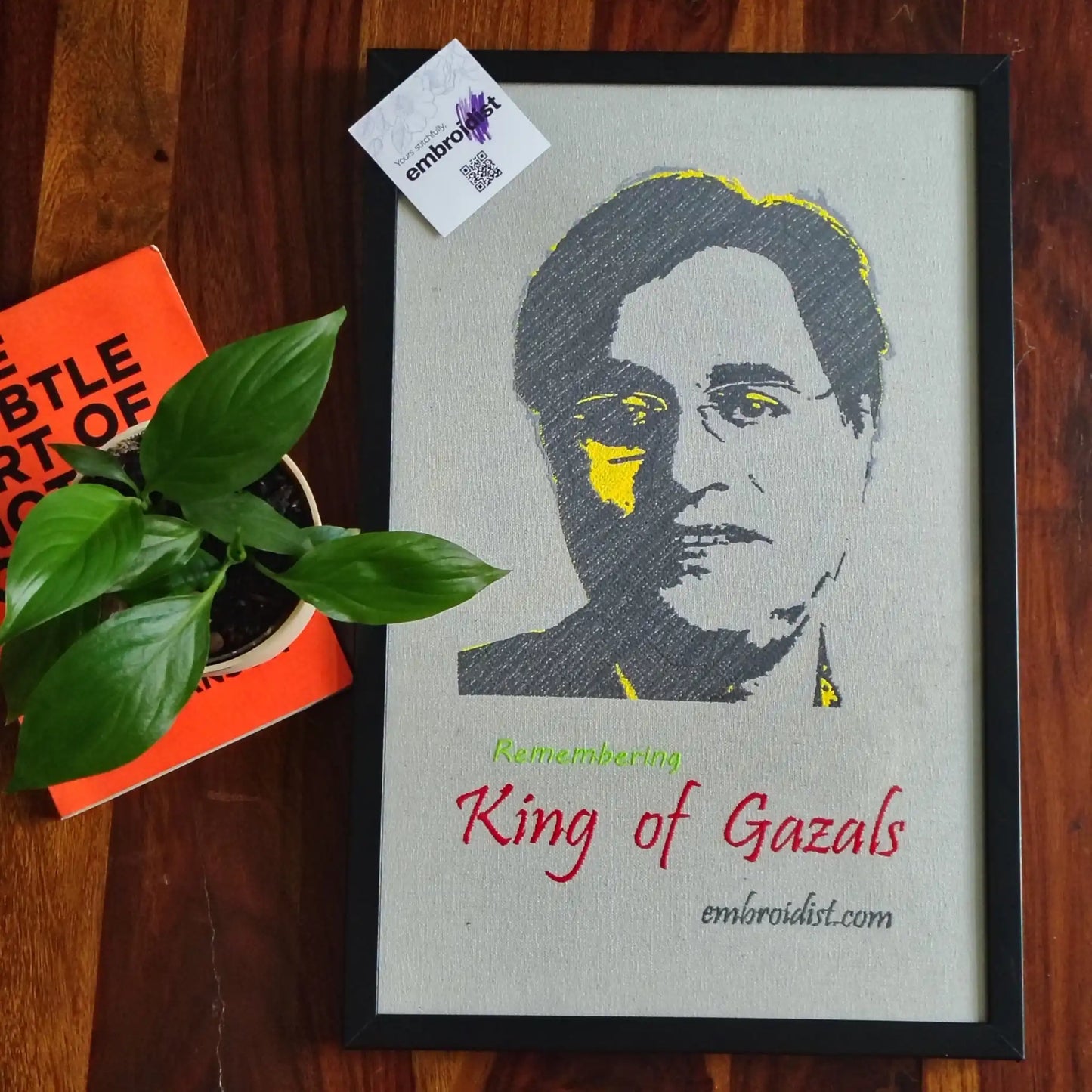 Jagjit Singh embroidered wall art lifestyle image — framed art in home setting by Embroidist