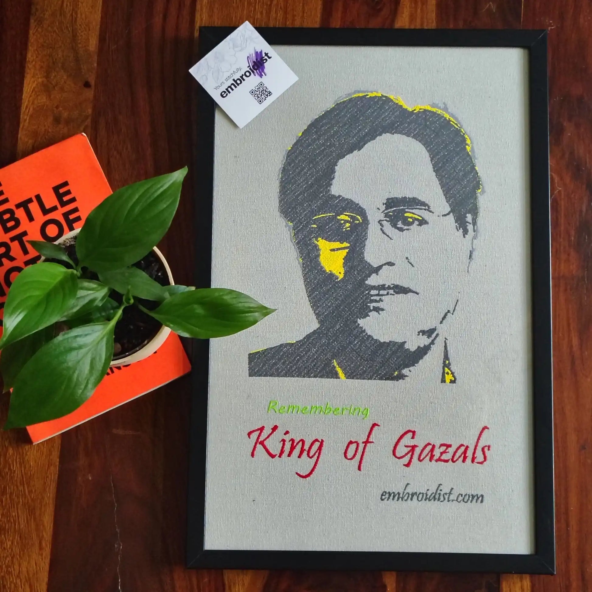Jagjit Singh embroidered wall art lifestyle image — framed art in home setting by Embroidist