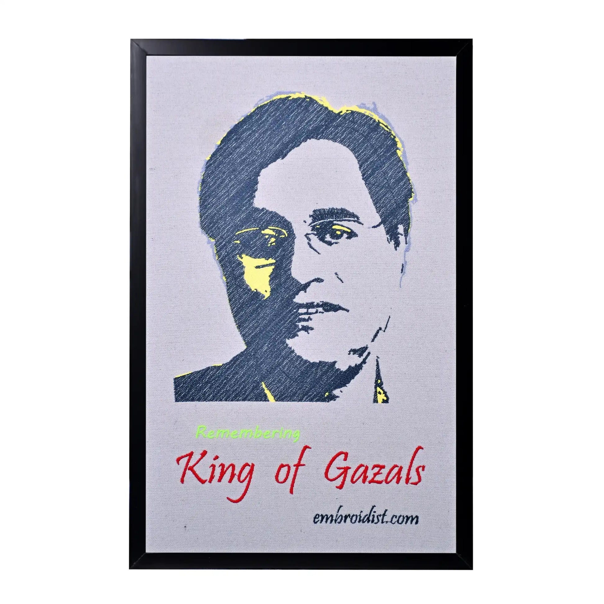 Machine embroidered Jagjit Singh portrait wall art — 55,974 stitches on canvas by Embroidist