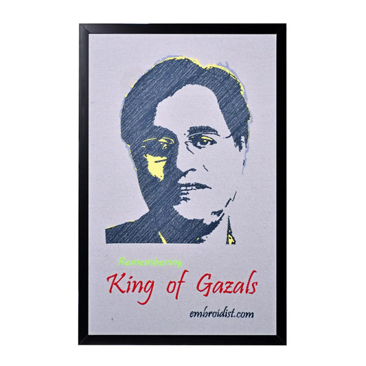 Machine embroidered Jagjit Singh portrait wall art — 55,974 stitches on canvas by Embroidist
