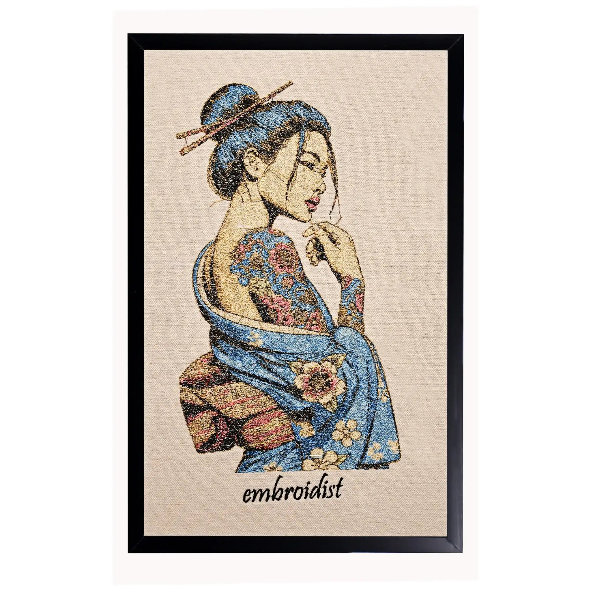 Machine embroidered Geisha wall art — 76,546 stitches on canvas by Embroidist