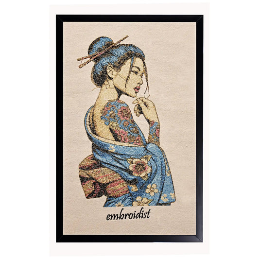 Machine embroidered Geisha wall art — 76,546 stitches on canvas by Embroidist