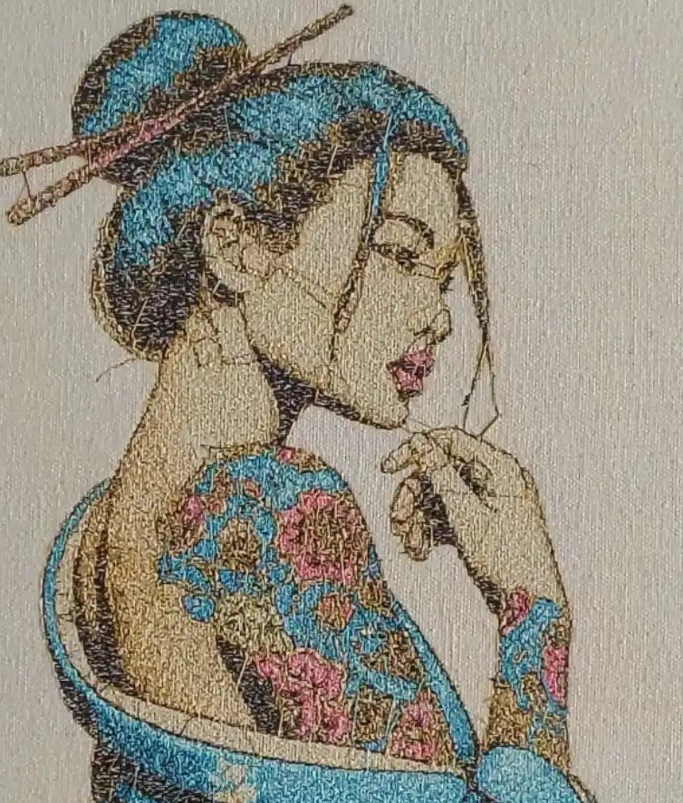 Framed Geisha embroidered wall art — 17.3x11.3 inch machine embroidery handcrafted in India by Embroidist