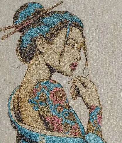 Framed Geisha embroidered wall art — 17.3x11.3 inch machine embroidery handcrafted in India by Embroidist