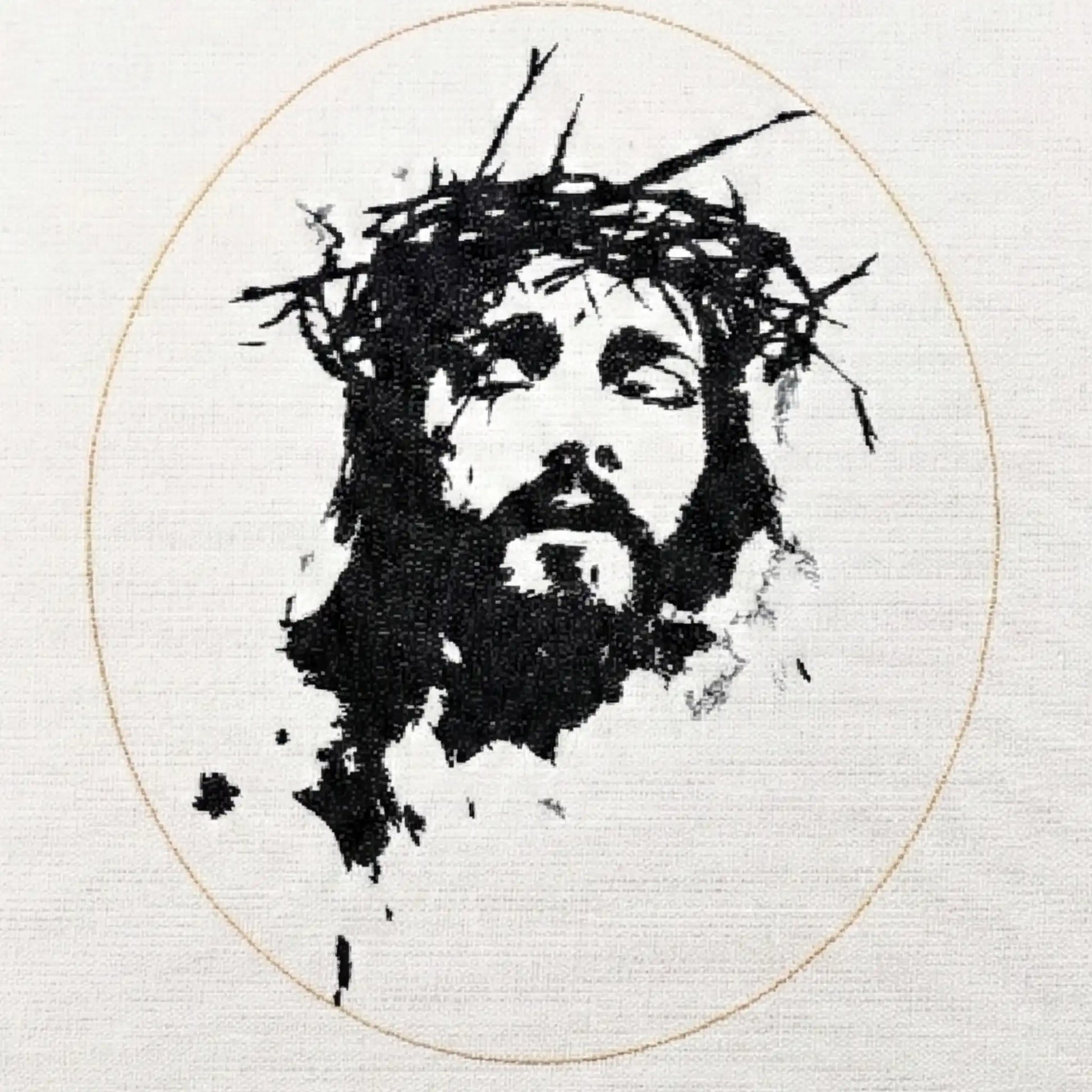 Close up of Jesus Christ thread embroidery portrait detail — spiritual wall art by Embroidist
