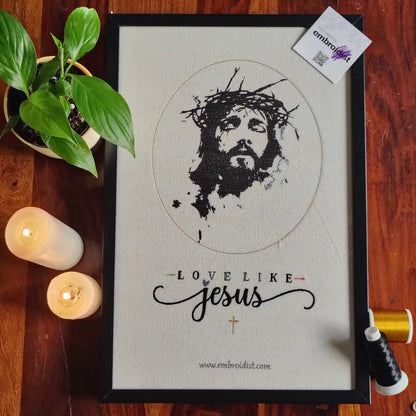 Love Like Jesus embroidered wall art lifestyle image — framed art in home setting by Embroidist