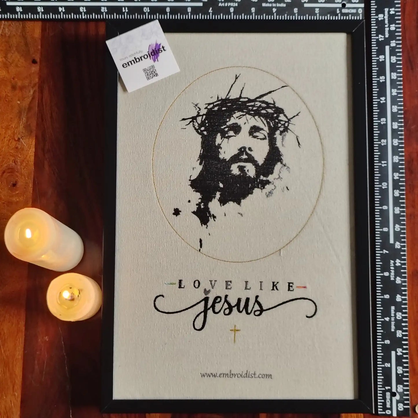 Framed Love Like Jesus embroidered wall art — 17.3x11.3 inch machine embroidery handcrafted in India by Embroidist