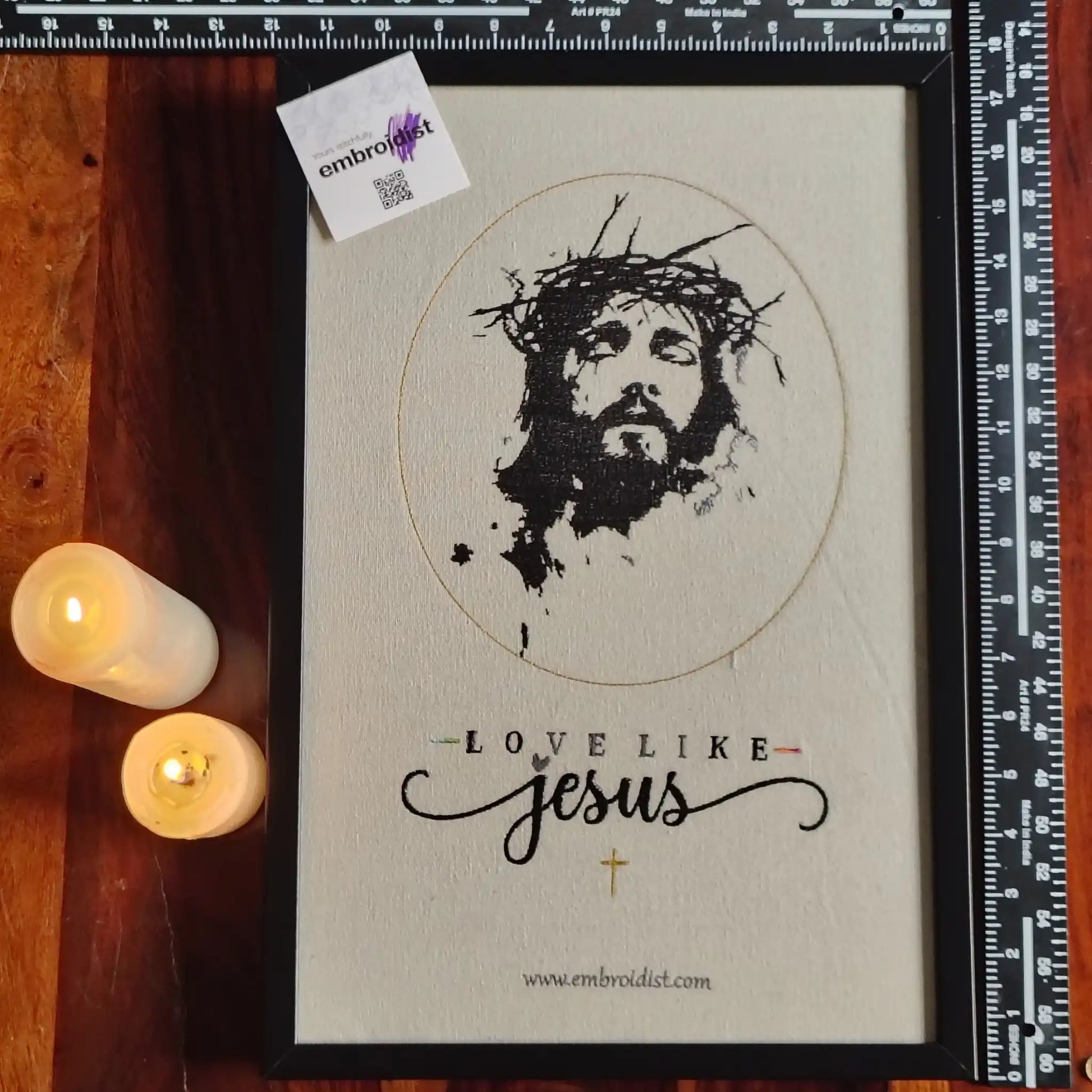 Framed Love Like Jesus embroidered wall art — 17.3x11.3 inch machine embroidery handcrafted in India by Embroidist