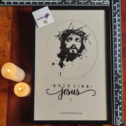 Framed Love Like Jesus embroidered wall art — 17.3x11.3 inch machine embroidery handcrafted in India by Embroidist