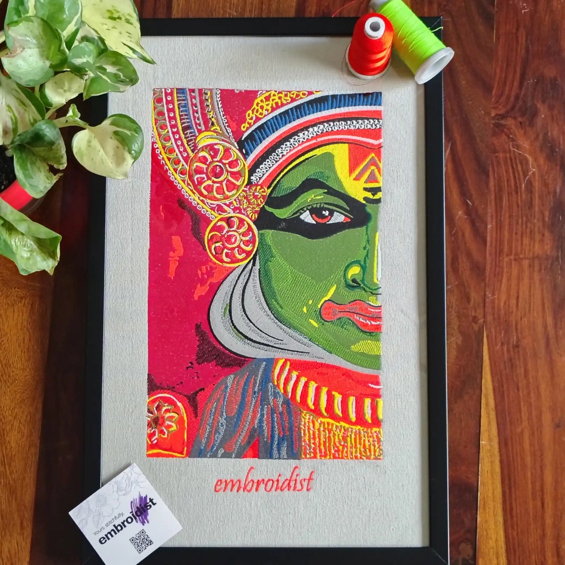 Kathakali embroidered wall art lifestyle image — framed art in home setting by Embroidist