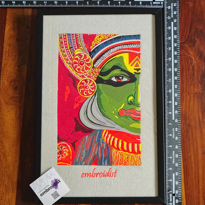 Framed Kathakali dancer embroidered wall art — 17.3x11.3 inch machine embroidery handcrafted in India by Embroidist