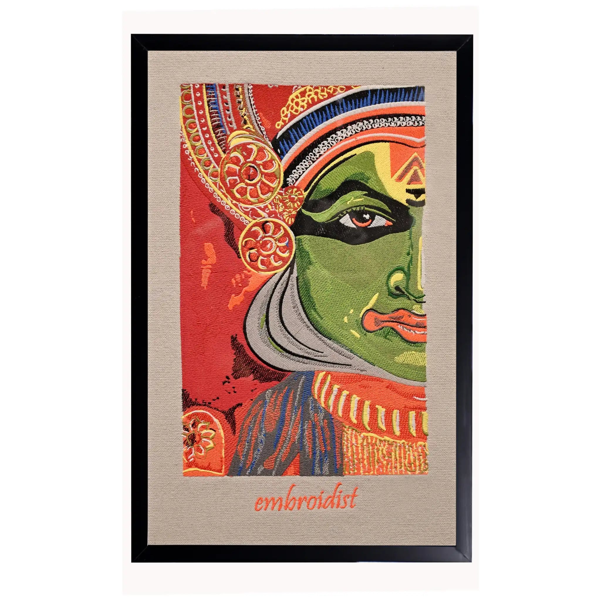 Machine embroidered Kathakali wall art — 1,81,741 stitches on cream canvas by Embroidist