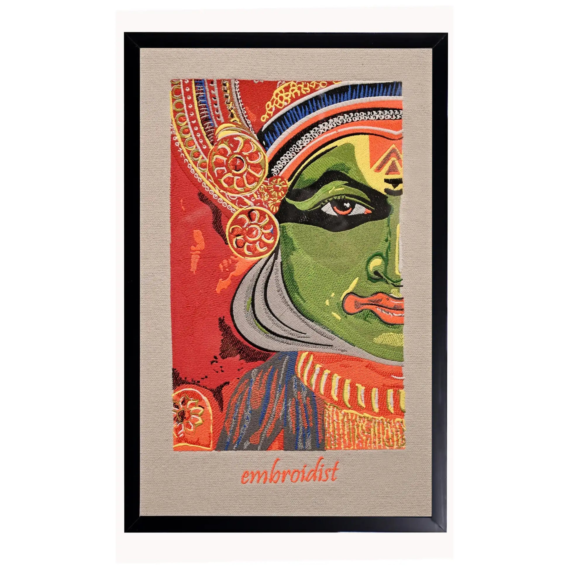 Machine embroidered Kathakali wall art — 1,81,741 stitches on cream canvas by Embroidist
