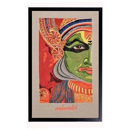 Machine embroidered Kathakali wall art — 1,81,741 stitches on cream canvas by Embroidist