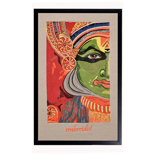 Machine embroidered Kathakali wall art — 1,81,741 stitches on cream canvas by Embroidist