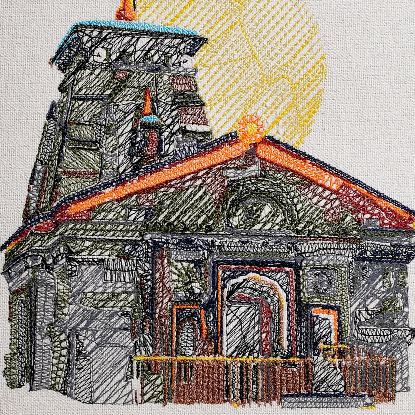 Close up of Kedarnath temple thread embroidery detail — spiritual wall art by Embroidist