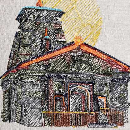 Close up of Kedarnath temple thread embroidery detail — spiritual wall art by Embroidist