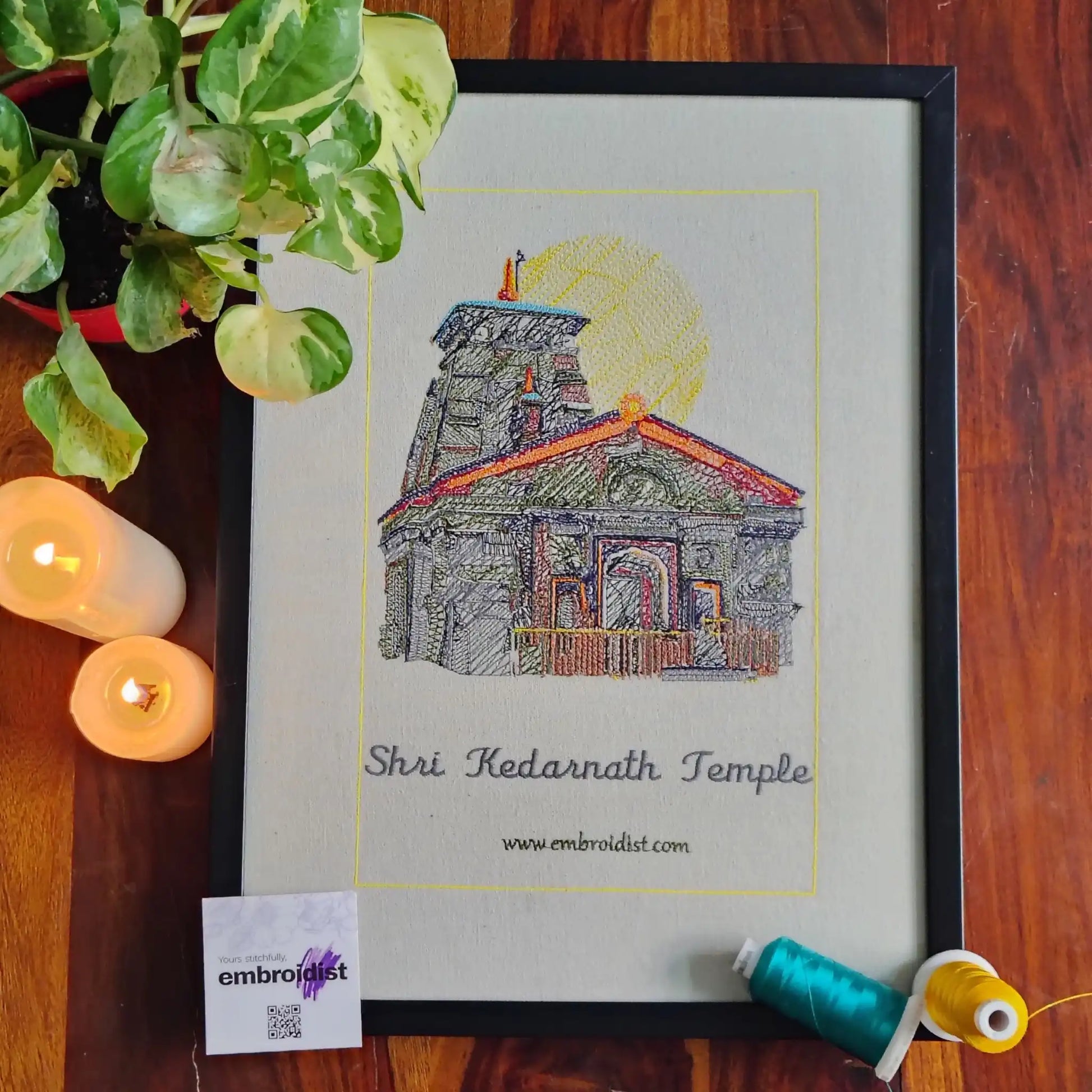 Kedarnath temple embroidered wall art lifestyle image — framed art in home setting by Embroidist
