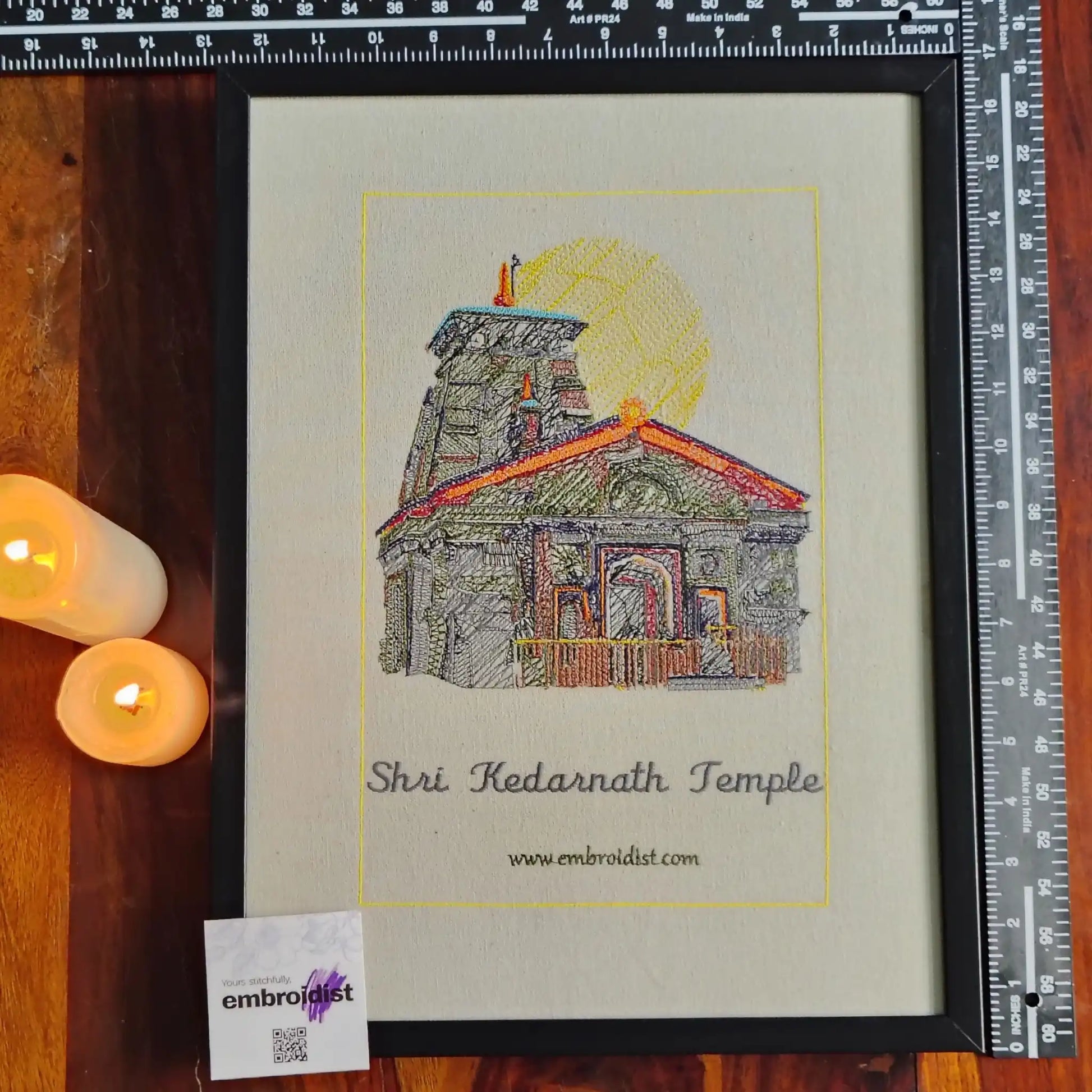 Framed Kedarnath temple embroidered wall art — 16.4x12.4 inch machine embroidery handcrafted in India by Embroidist