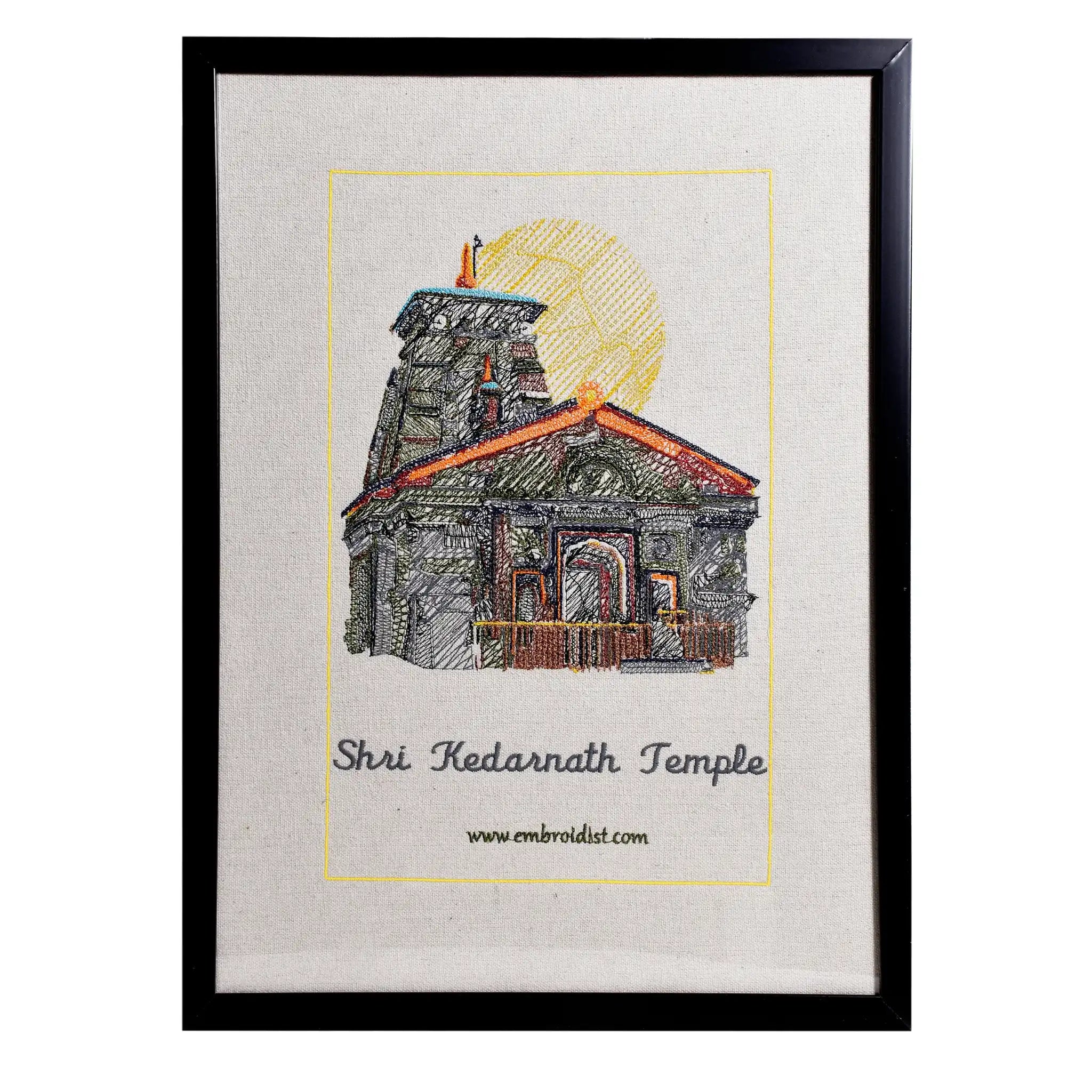 Machine embroidered Kedarnath temple wall art — 57,386 stitches on canvas by Embroidist