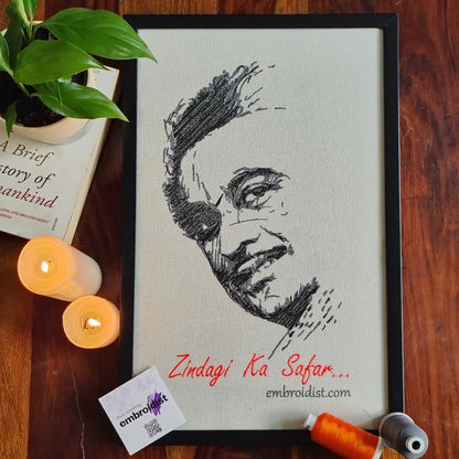 Kishore Kumar embroidered wall art lifestyle image — framed art in home setting by Embroidist